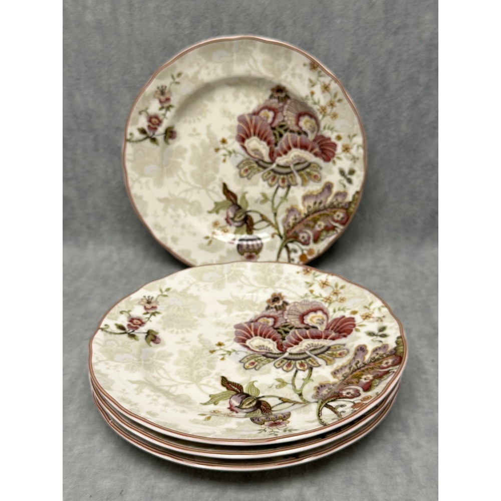 VTG 222 Fifth Gabrielle Salad Plates 8.5" Cream Maroon Floral Set of 4 Fine